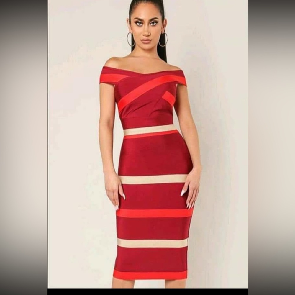 Elegant Red and Cream Off-Shoulder Dress